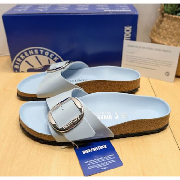 Birkenstock Madrid Big Buckle Baby Blue Natural Leather Patent Sandals EU 40 NIB - Picture 3 of 13